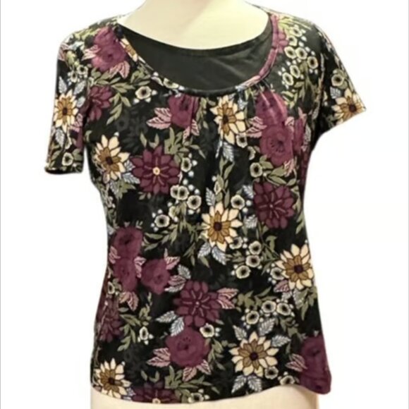 Sag Harbor MSRP $85 Black Floral Blouse Short Sleeve Top Purple Yellow Small - Picture 1 of 9